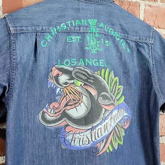 Christian Audigier Kids Chambray Button-up Short Sleeve Graphic Shirt 12 - Picture 7 of 13